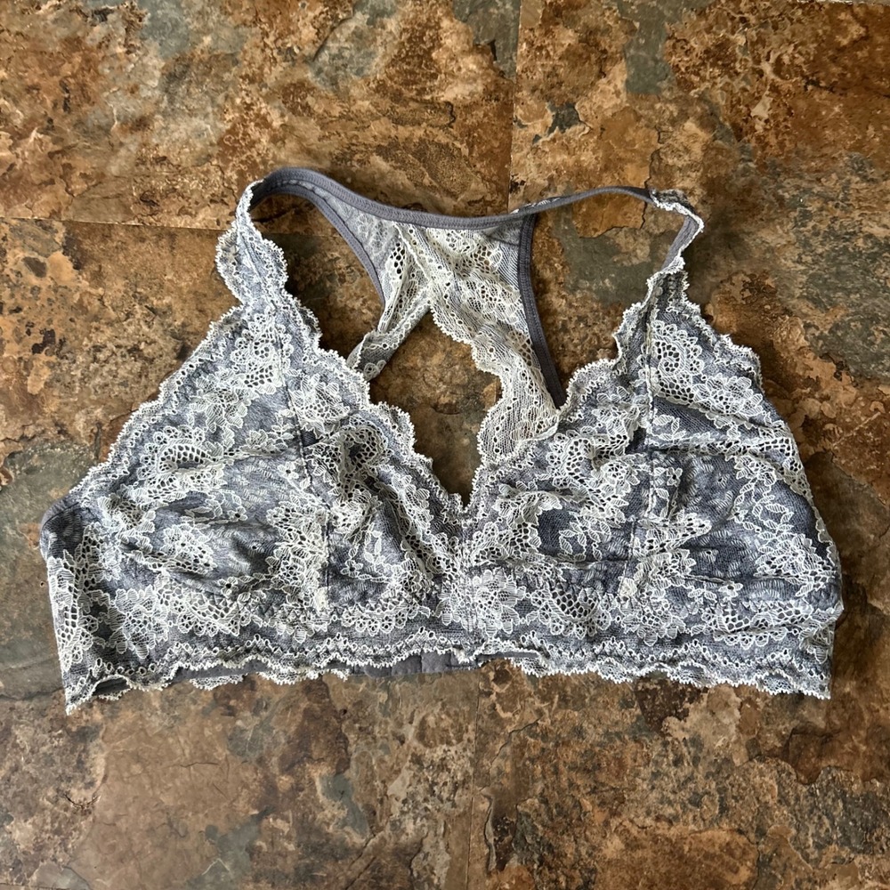 Felina Wireless Unlined Bralette Womens Size Large Gray Floral Lace Unpadded Bra